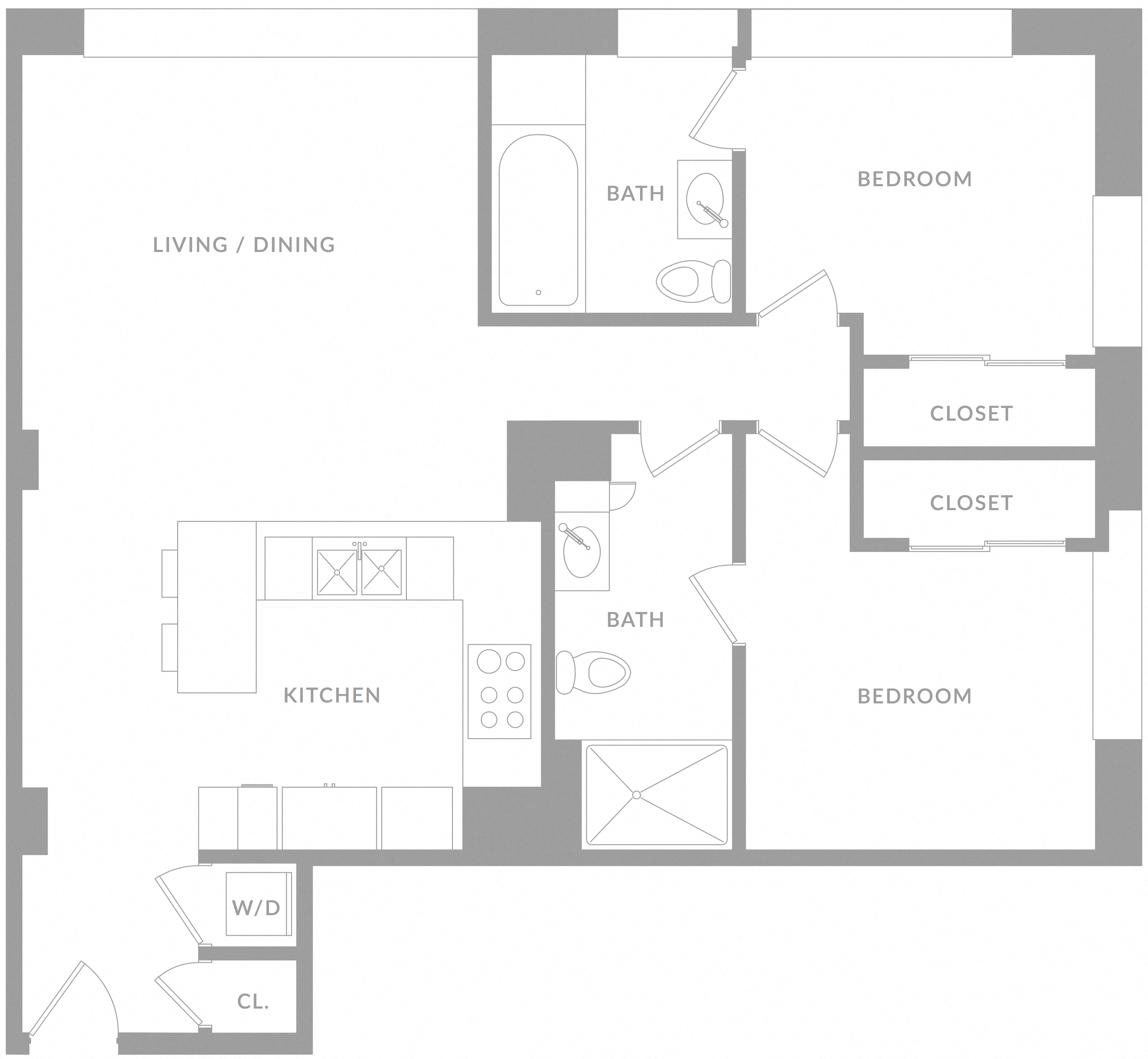 Floor plan for 2 beds, 2 baths, 1100 sqft